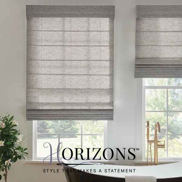Horizons shades: classic Roman design with customizable fabrics for a polished, tailored look.