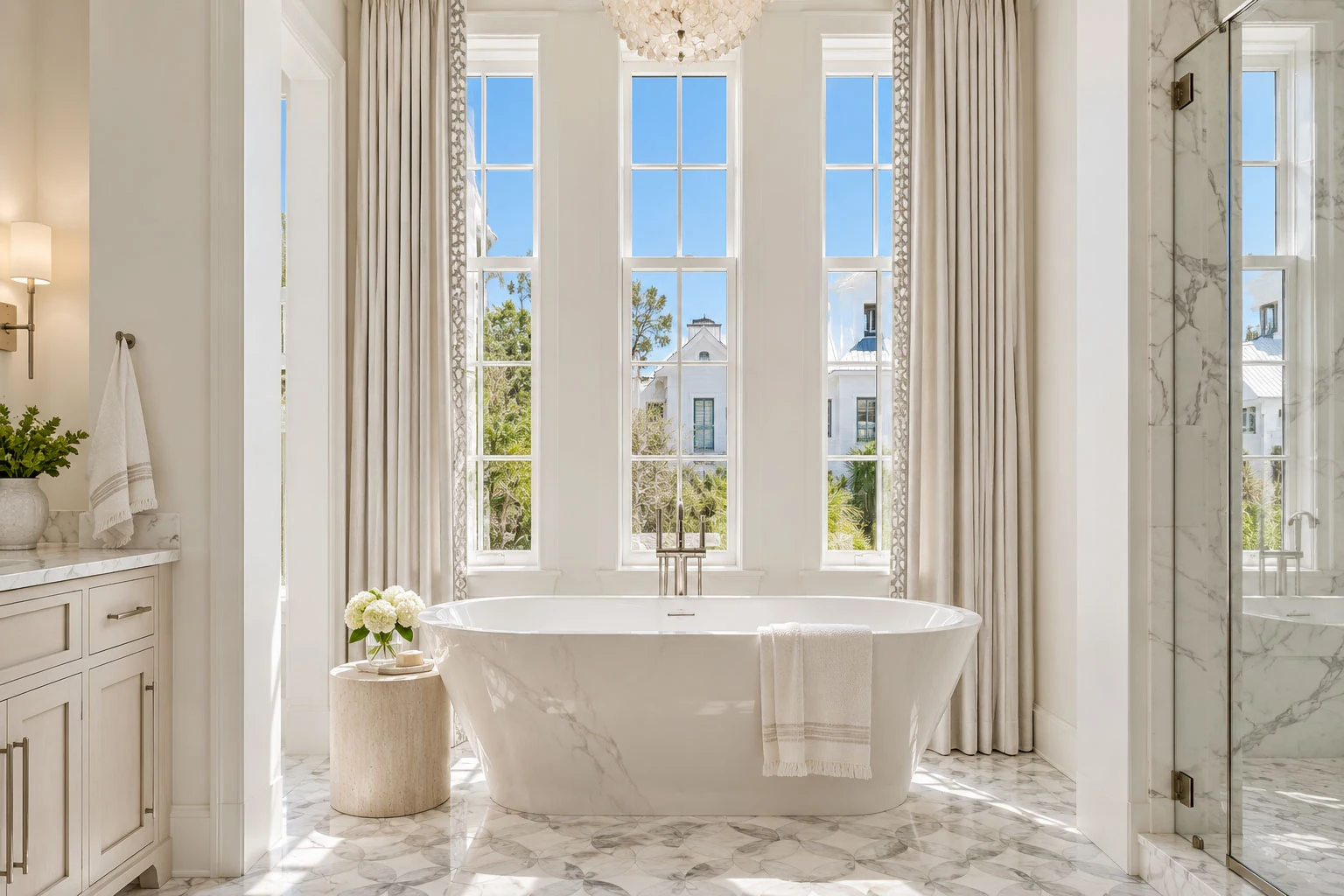 Pleated ivory drapery with patterned trim frames three tall windows above a freestanding tub in a bright marble bathroom