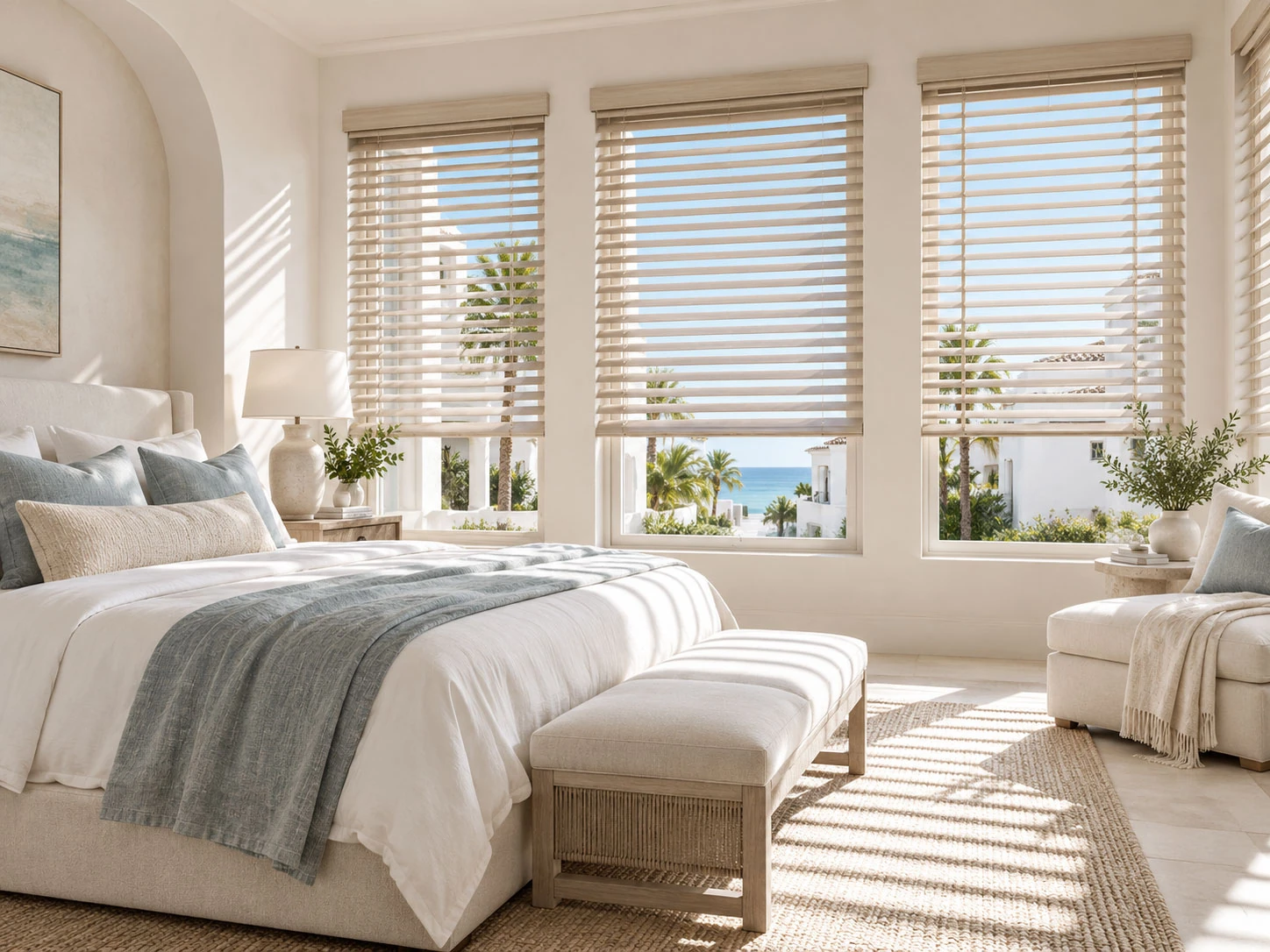 Three horizontal blinds filtering daylight in a coastal bedroom