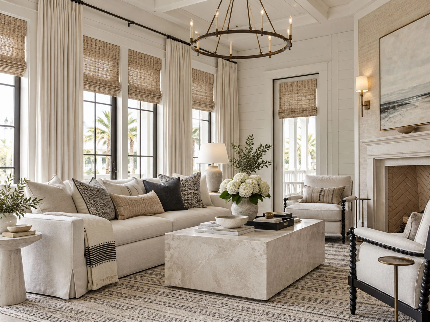 Coastal living room with woven window shades, white drapery, and layered neutral furnishings