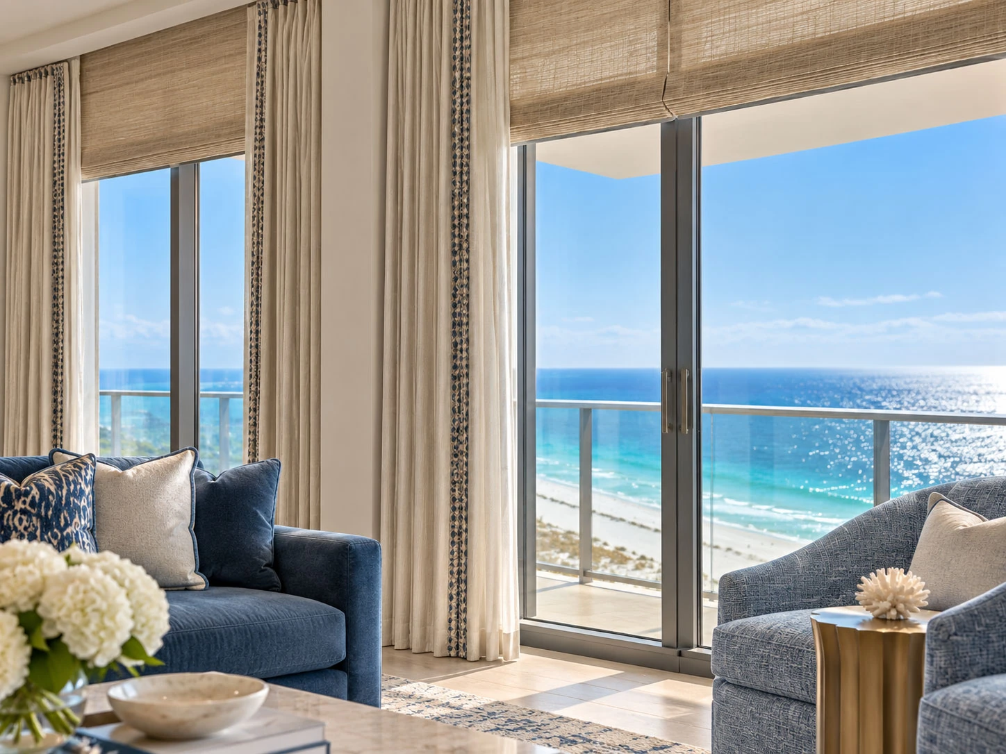 Woven shades and tailored drapery frame Gulf-facing windows in a blue coastal sitting room