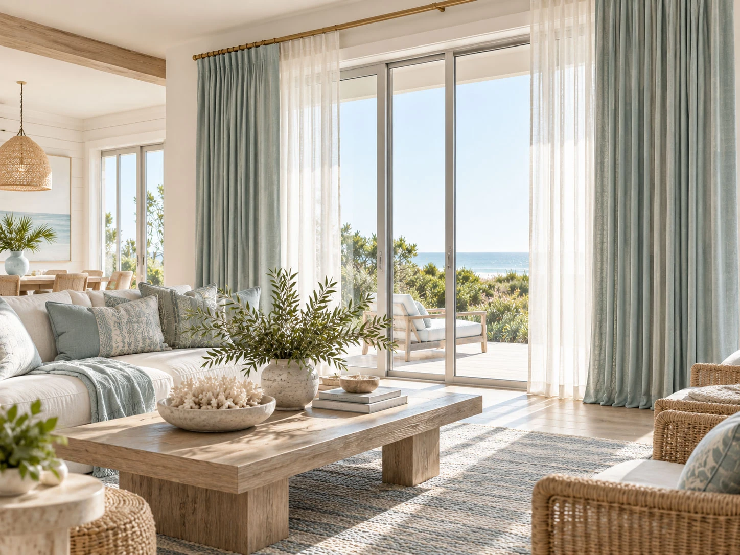 Layered blue-green drapery and white sheers on a brass rod framing coastal sliding doors