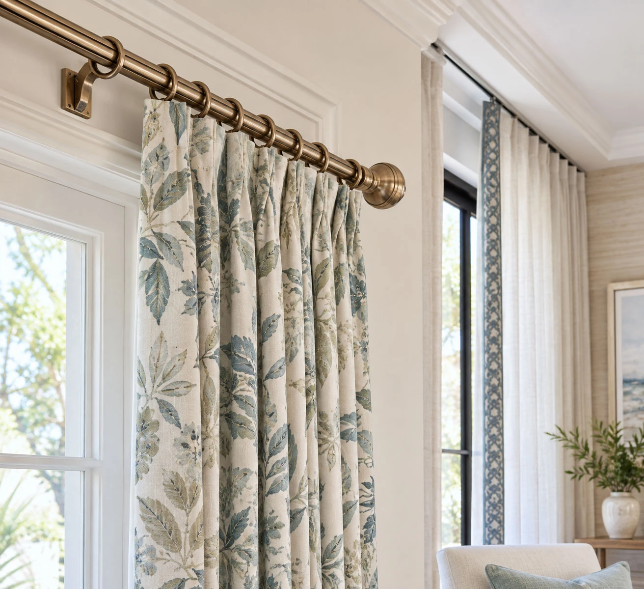 Brass drapery rod with mounting bracket, rings, and finial beside botanical curtains