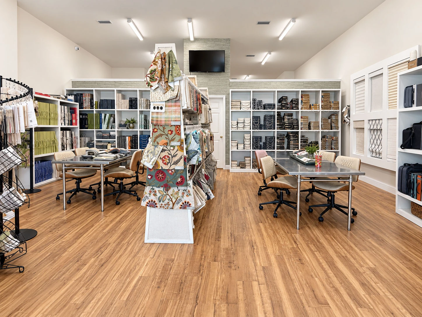 Textile sample walls, shade displays, and two consultation tables in a design showroom