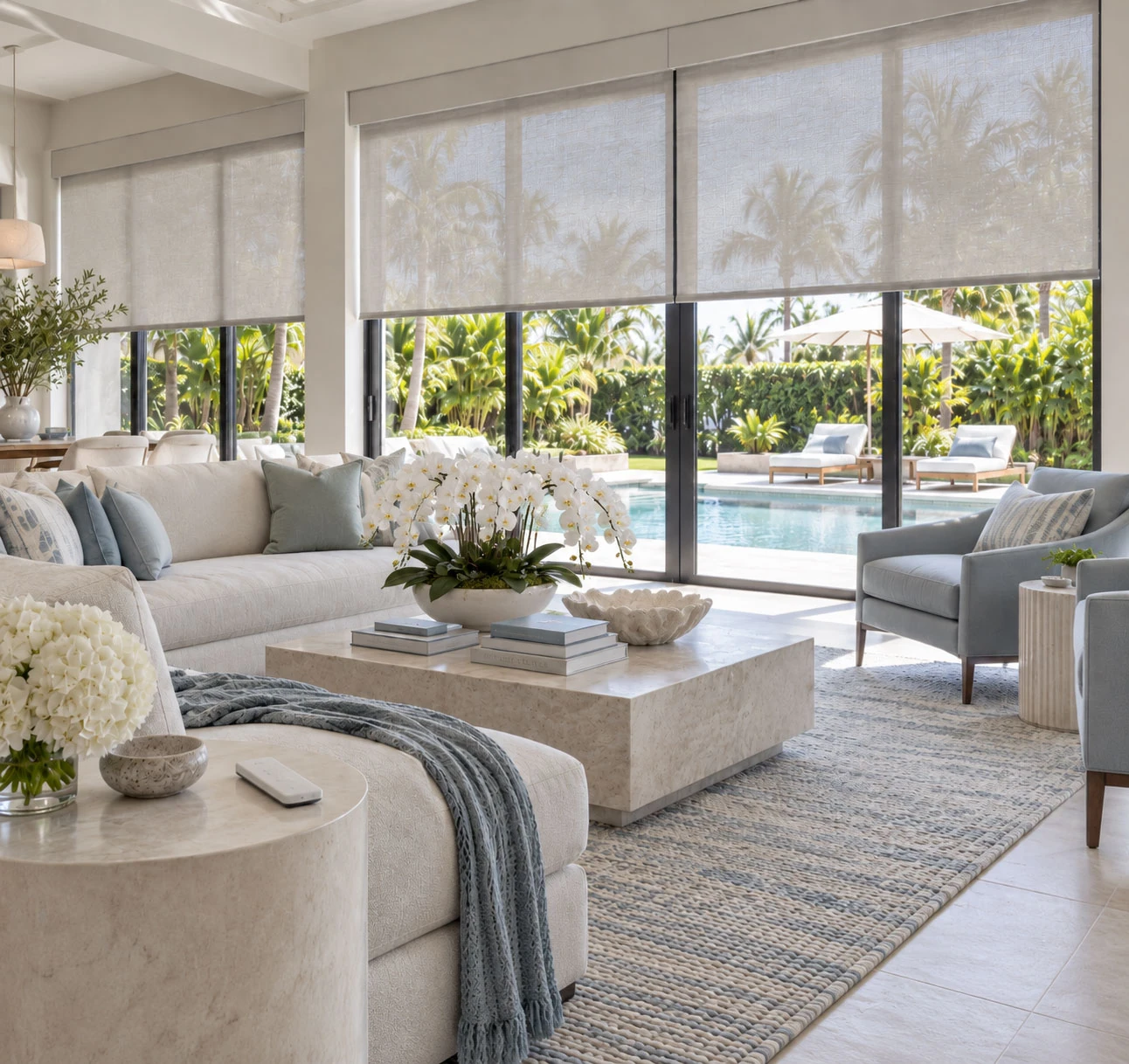 Light-filtering roller shades over broad pool-facing windows in a coastal living room