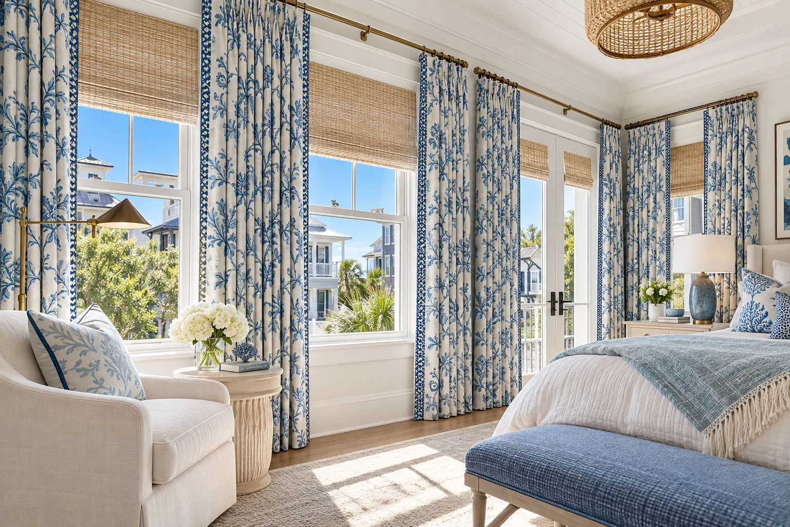 Blue-and-white botanical drapery with decorative trim and brass rods layered over woven shades in a bright coastal bedroom