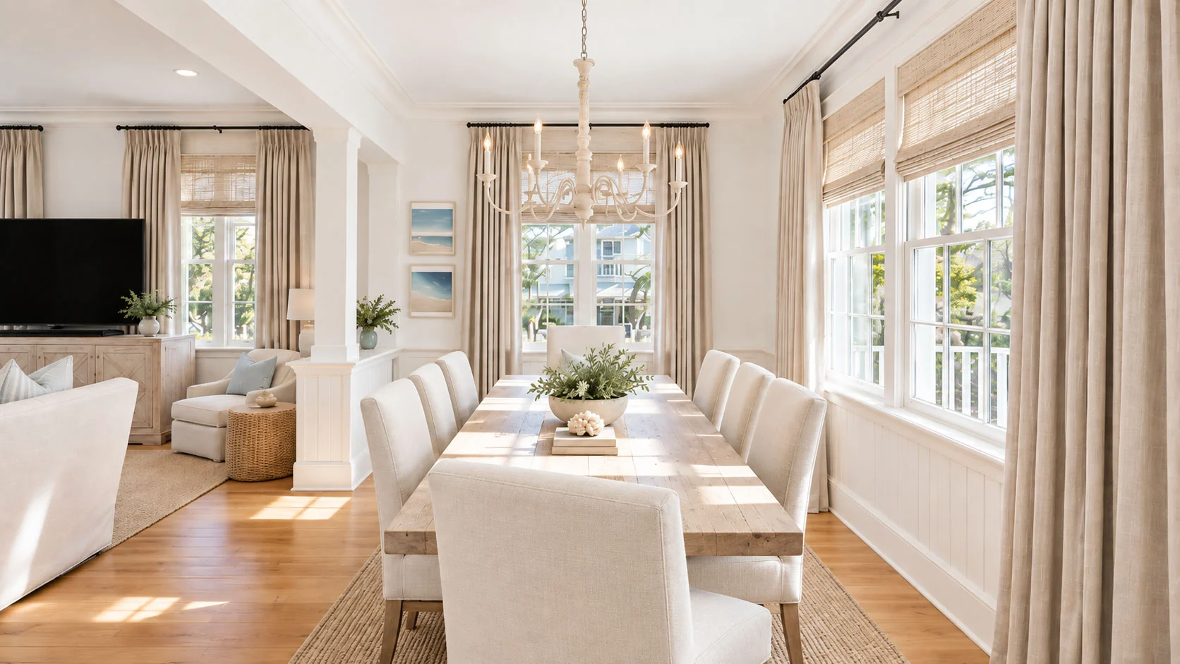 Natural woven Roman shades and softly pleated drapery frame sunny dining-room and living-room windows
