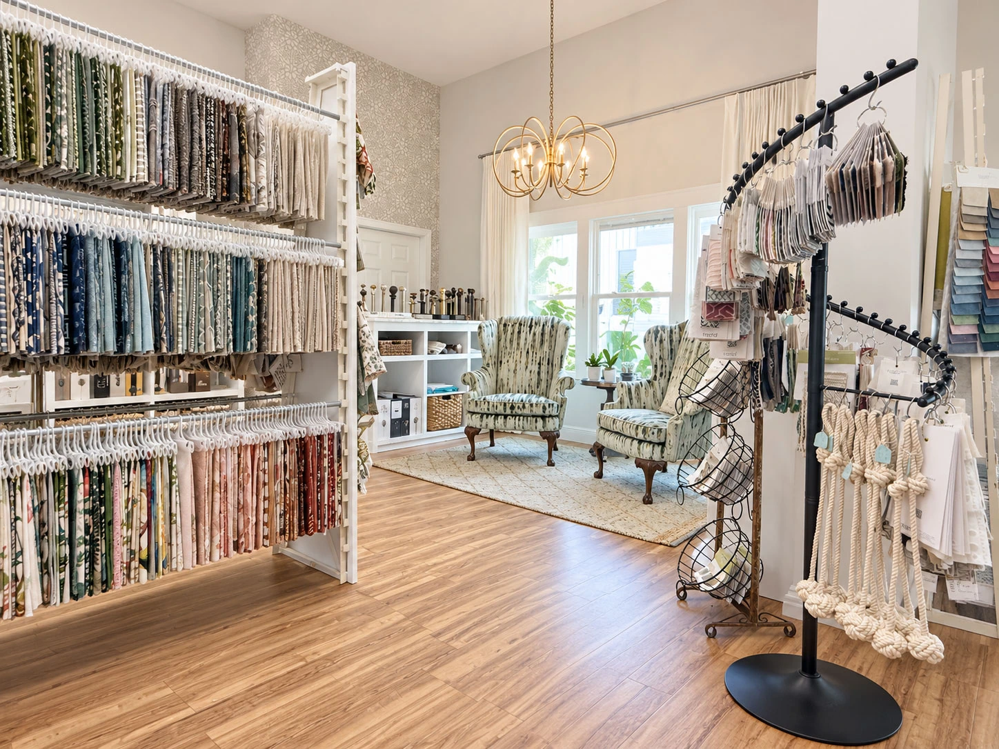 Fabric sample libraries, trim displays, and upholstered seating inside a textile design showroom