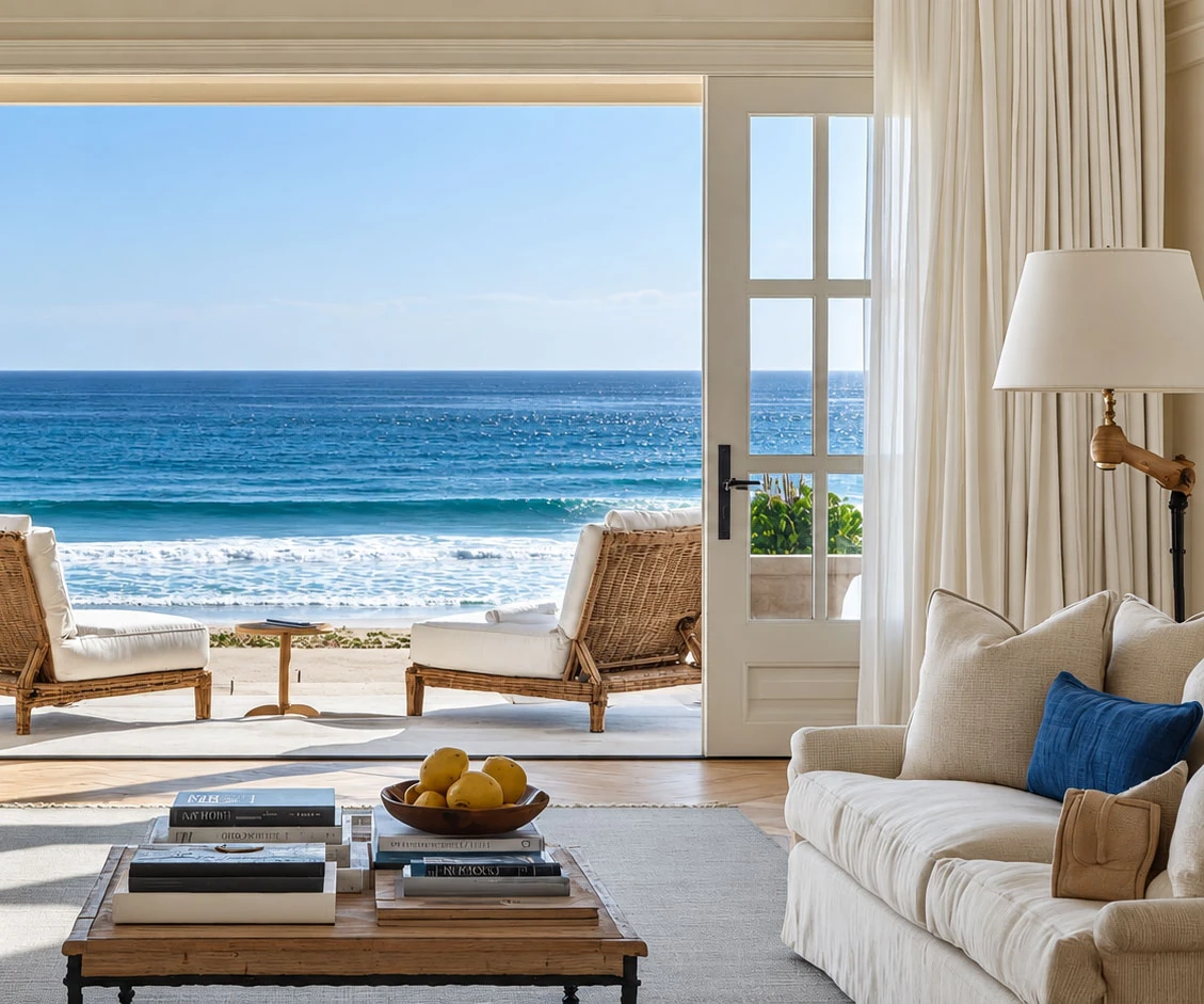 Gulf-facing coastal living room with finished drapery and an ocean view