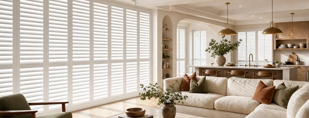 Norman plantation shutters across a bright living-room window wall