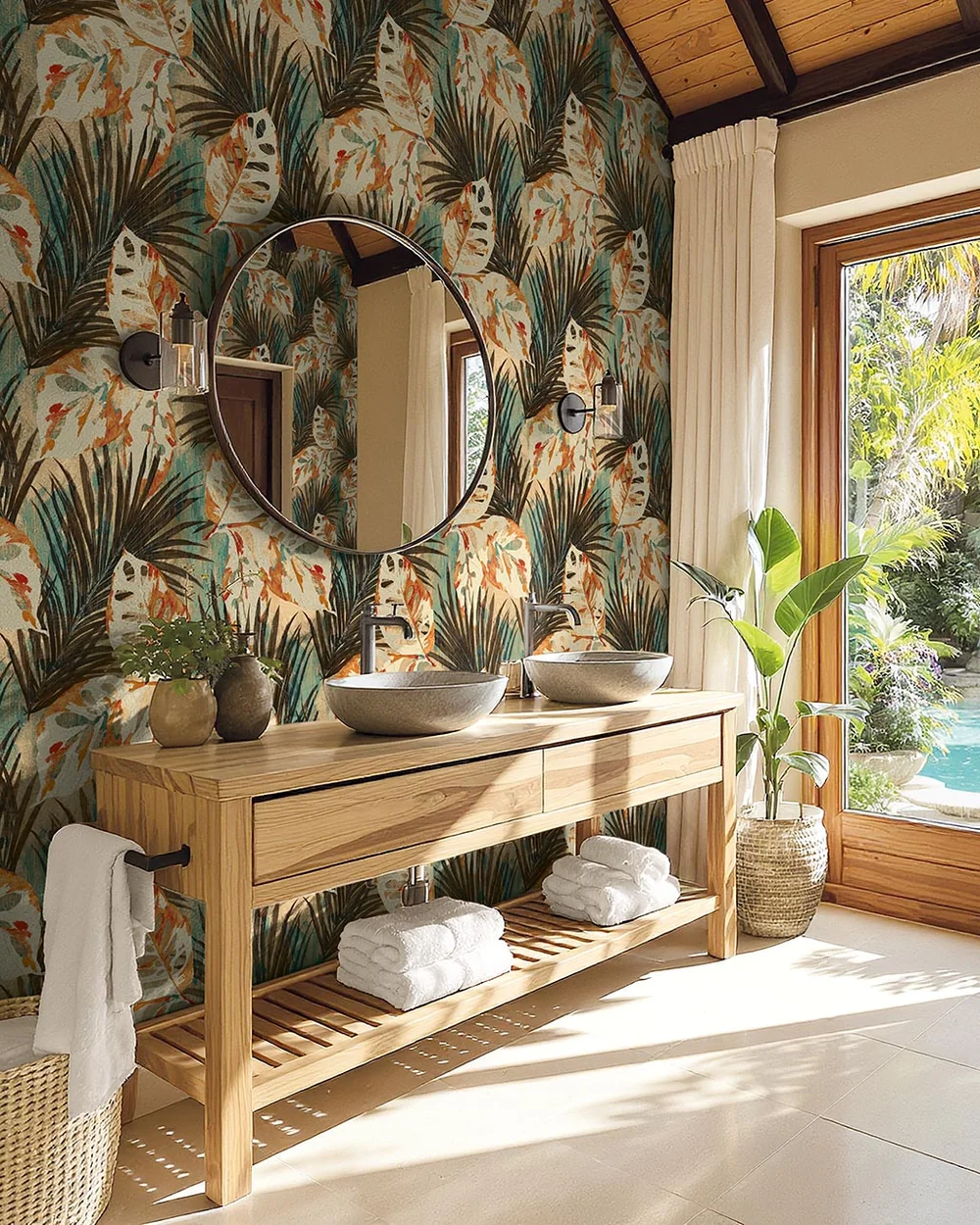 Wallquest Karma–Autumn tropical leaf wallcovering in a sunlit bathroom with a wood vanity, round mirror, vessel sinks, and window overlooking greenery.