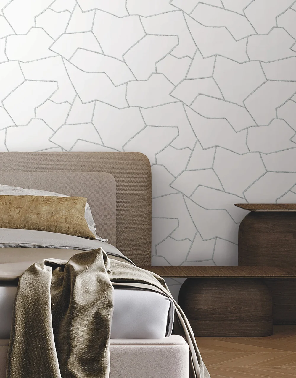 York Suite Style wallpaper installed behind an upholstered bed and wooden nightstand in a finished bedroom.